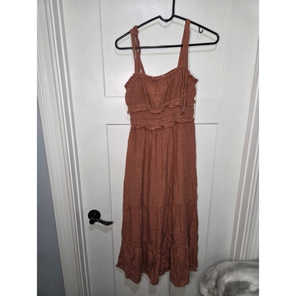 Just Found Dresses & Skirts - Rust Brown Smocked Tiered Midi Dress Tie Shoulder Boho Summer Large